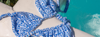 Oceanside bikini top and bottom in a blue and white coastal print by Ashlea Baker Swimwear.