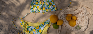 Lemon print multiway bikini top with a fuller coverage adjustable bikini bottom from the Lemon collection by Ashlea Baker Swimwear.