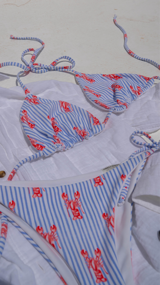 Sustainable handmade lobster print bikini set designed for summer wear.