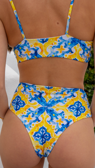 Double layered Spanish tile bikini top worn on model