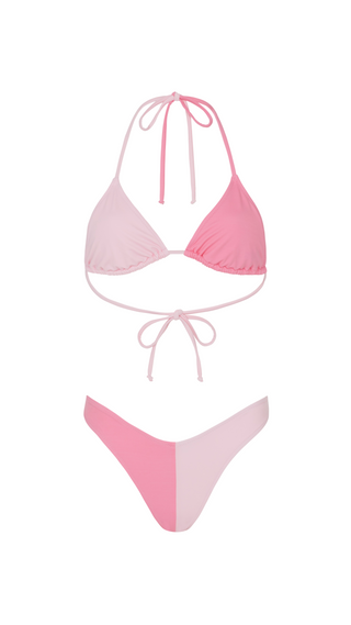 Tonal pink colour block bikini set with adjustable triangle top and matching bottom.