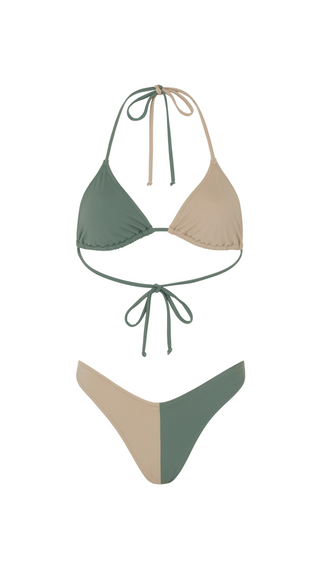 Two-tone khaki colour block bikini set with adjustable triangle top and matching bottom.