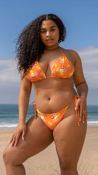 Orange floral Peony bikini set with triangle bikini top and ring detail by Ashlea Baker Swimwear.