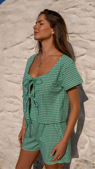 Jade Gingham Tie Front Top