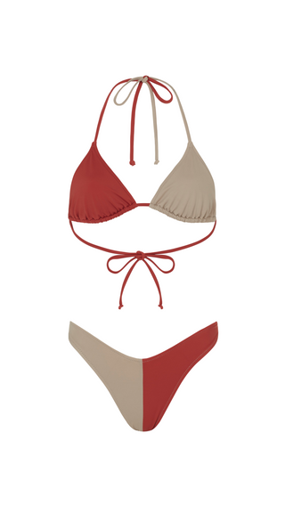 Two-tone rust colour block bikini set with adjustable triangle top and matching bottom.