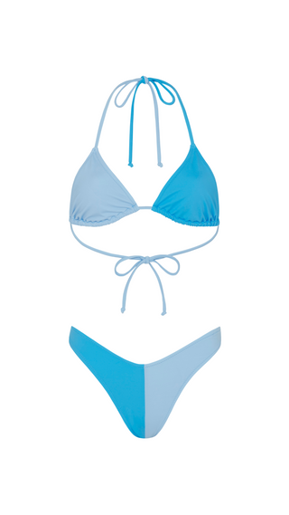Light blue and aqua blue colour block bikini set with adjustable triangle top and matching bottom.