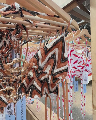 Sustainable handmade tan zigzag bikini set with a warm coastal feel.